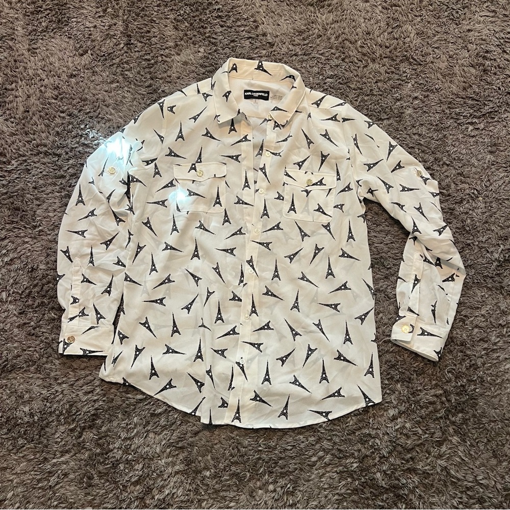Karl Lagerfeld Women’s Eiffel Tower Print Shirt white medium long sleeve blouse